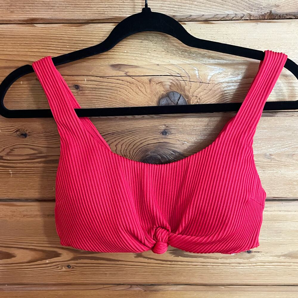 Hollister Red Ribbed Front Knot Scoop Bikini Top Small
